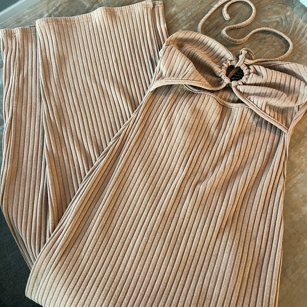 SHEIN Tan Ribbed Strapless Midi Dress